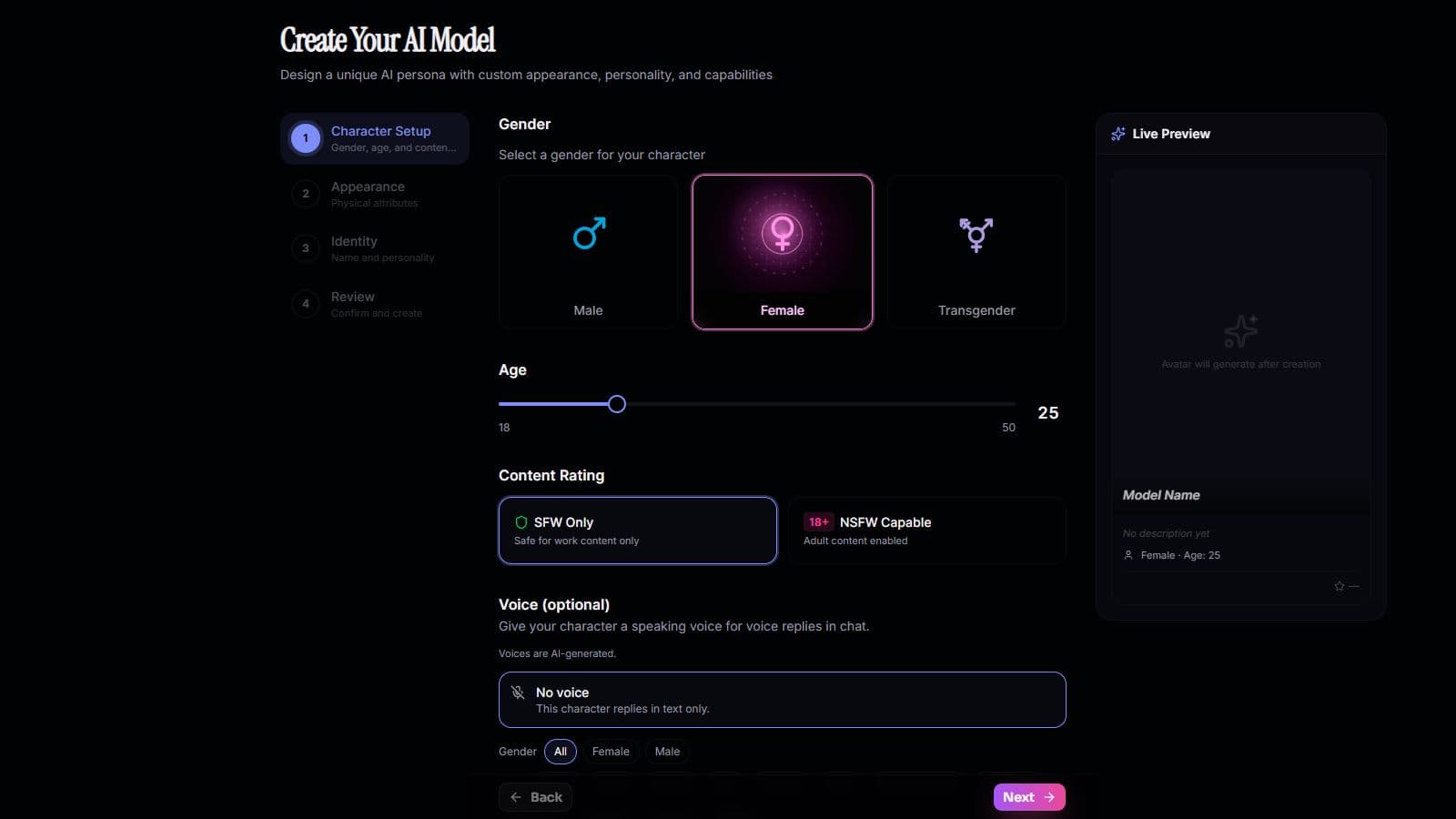 Screenshot of Charmloop's create-character setup