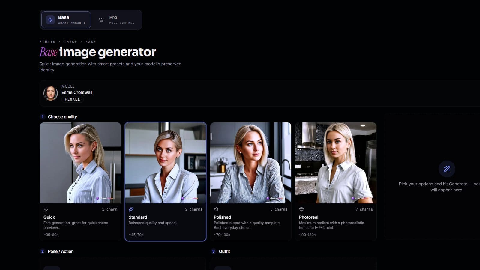 Screenshot of Charmloop's Base image generator quality presets