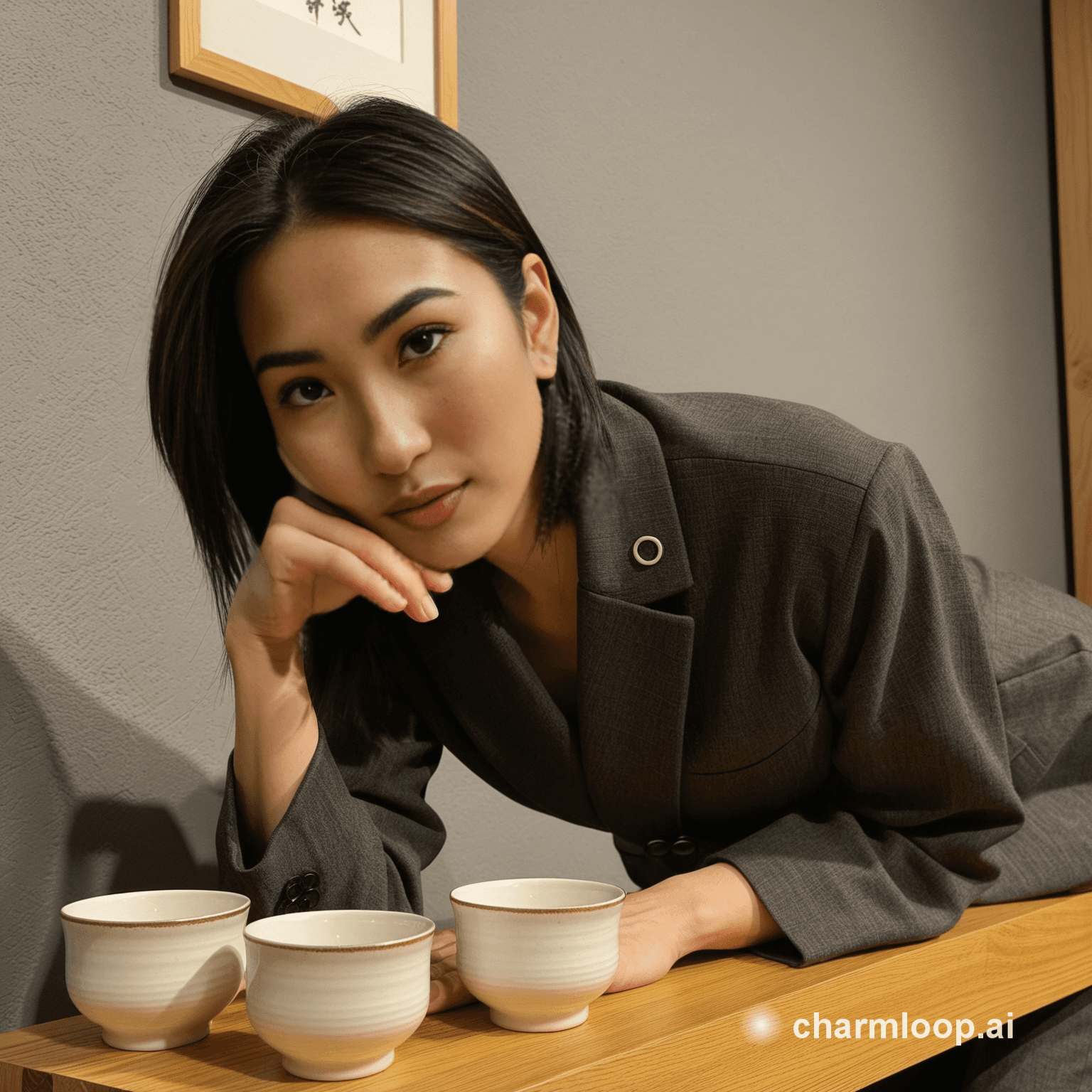 Photo of 52 years old east asian woman, slim build, short height, straight short salt and…