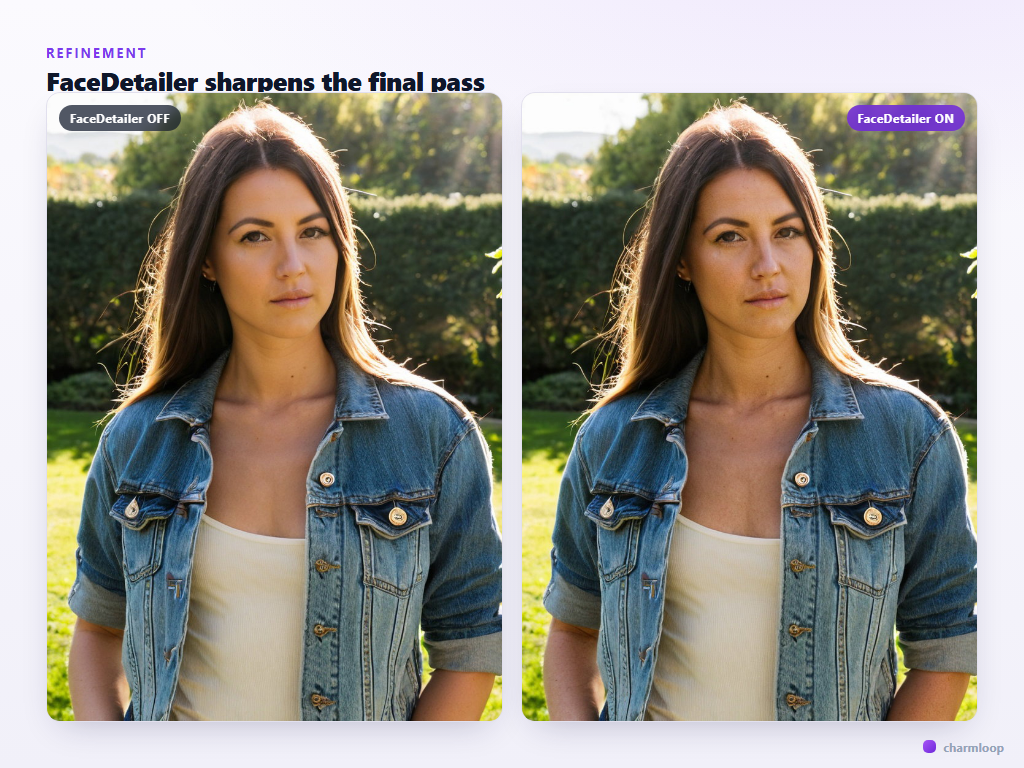 Before-and-after with FaceDetailer applied as the last refinement step — the 'before' face has slightly misaligned eyes and soft mouth detail; the 'after' face is sharp and recognisable.
Both images are otherwise identical.